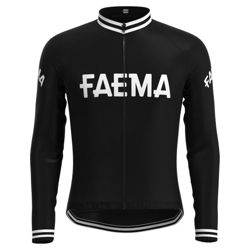 The Faema 1955 Long Sleeve Retro Cycling Jersey comes in black with FAEMA boldly printed in white on the front and sleeves, featuring a full-length zipper, white trim on the collar and cuffs, and an optional cozy fleece for long sleeve enthusiasts.