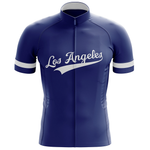 The Los Angeles LA Cycling Jersey is a dark blue, lightweight polyester jersey with short sleeves, horizontal white stripes, and Los Angeles in white script on the chest. It features a convenient front zipper.