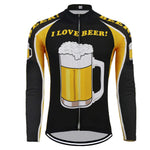 The Love Beer Long Sleeve Cycling Jersey features beer mug graphics and the phrase I LOVE BEER! on the front, incorporating yellow, black, and white colors for a fun ride.