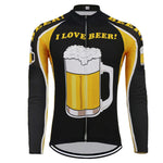 The Love Beer Long Sleeve Cycling Jersey features beer mug graphics and the phrase I LOVE BEER! on the front, incorporating yellow, black, and white colors for a fun ride.