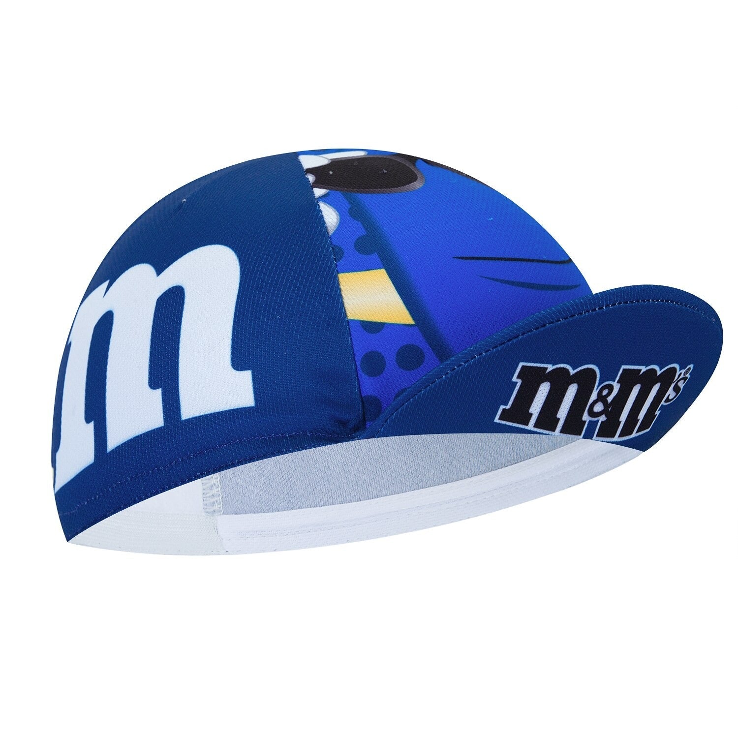 The M&Ms Retro Cycling Cap, inspired by vintage designs, showcases a stylized m logo on the side. It features colorful graphics with a blue theme and charming yellow and white accents, including a small white trim on the brims edge.