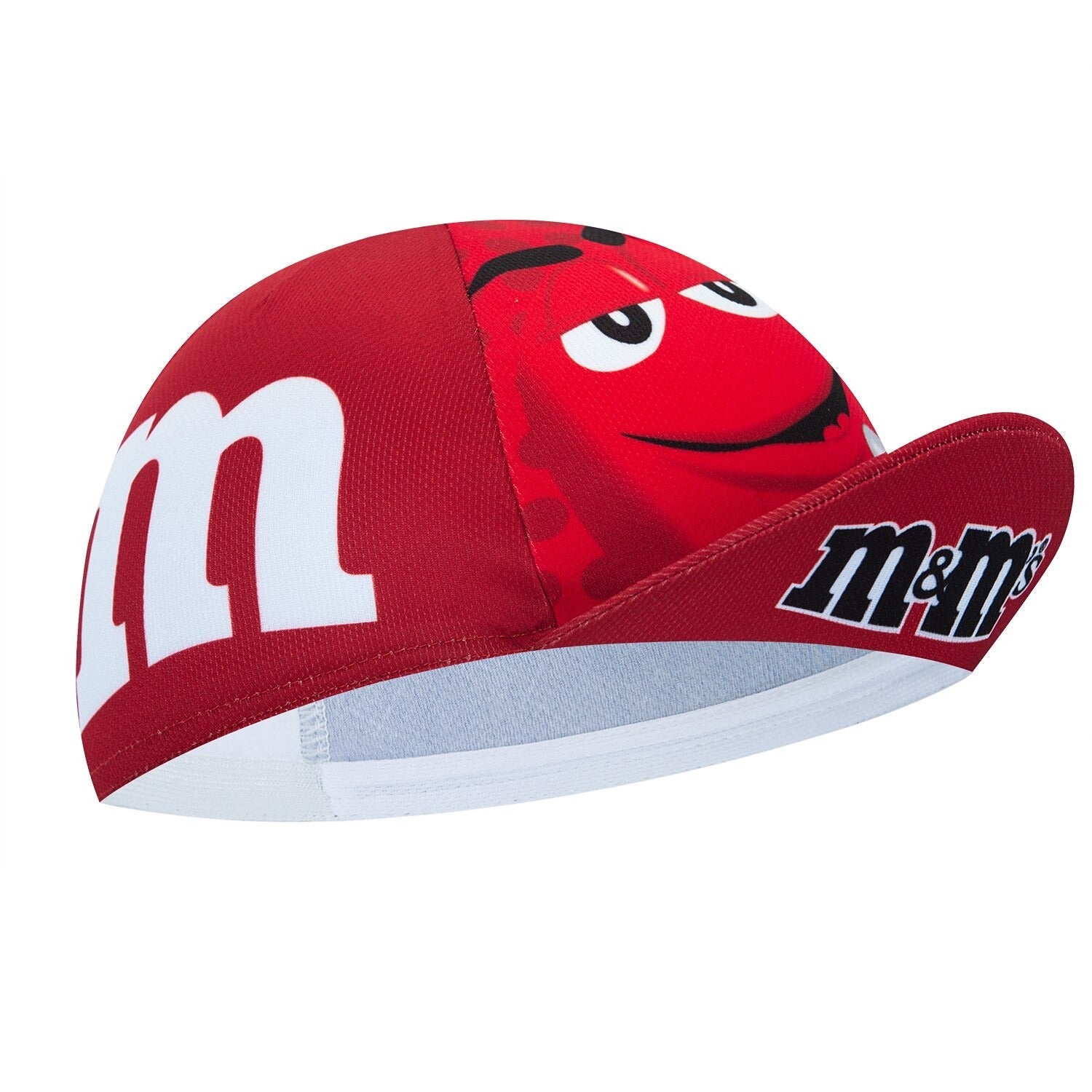 The M&Ms Retro Cycling Cap showcases an M&Ms character with a smiling face, bold white m letters on the side, and m&ms on the brim, set against a vivid red and white background. Ideal for vintage cycling enthusiasts seeking nostalgic flair.