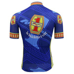 The Mercatone Uno Wega Retro Cycling Jersey Set features a blue design with red and yellow patches, a large 1, and Mercatone Uno, echoing Marco Pantanis rides. The back says la bicicletta è vita, with a geometric pattern and short sleeves for classic flair.