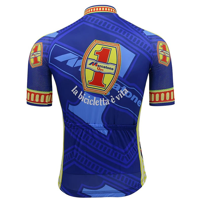 The Mercatone Uno Wega Retro Cycling Jersey Set features a blue design with red and yellow patches, a large 1, and Mercatone Uno, echoing Marco Pantanis rides. The back says la bicicletta è vita, with a geometric pattern and short sleeves for classic flair.