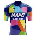 The Mapei Quick Step Retro Cycling Jersey is crafted from lightweight polyester and features a vibrant geometric pattern in blue, pink, orange, yellow, and green blocks with the brand name prominently displayed on the front.