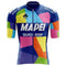 The Mapei Quick Step Retro Cycling Jersey is crafted from lightweight polyester and features a vibrant geometric pattern in blue, pink, orange, yellow, and green blocks with the brand name prominently displayed on the front.