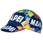 The Mapei Retro Cycling Cap at vintagecycling.shop features MAPEI in bold white on blue, with a classic retro design highlighted by colorful geometric shapes in yellow, pink, blue, and green on the sides and brim.