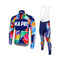 The Mapei Retro Cycling Jersey Long Set, featuring fleece-lined long-sleeve jersey and bib tights, boasts a colorful design with geometric patterns in red, blue, yellow, and green. The MAPEI logo is prominently displayed.