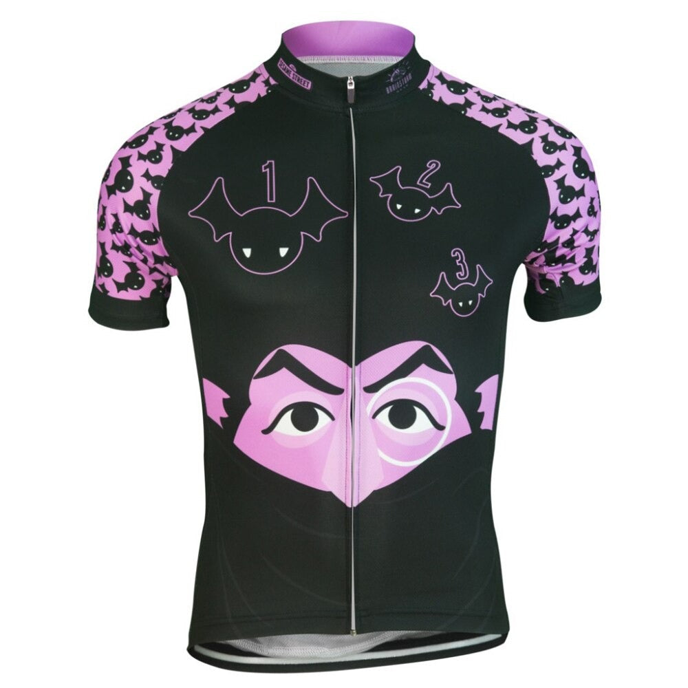 The Count Von Count Sesami Street Retro Cycling Jersey features a black and purple design with a cartoon vampire theme, numbers, bats, and a vampire face. Purple bat patterns adorn the sleeves and there is a front zipper down the center.