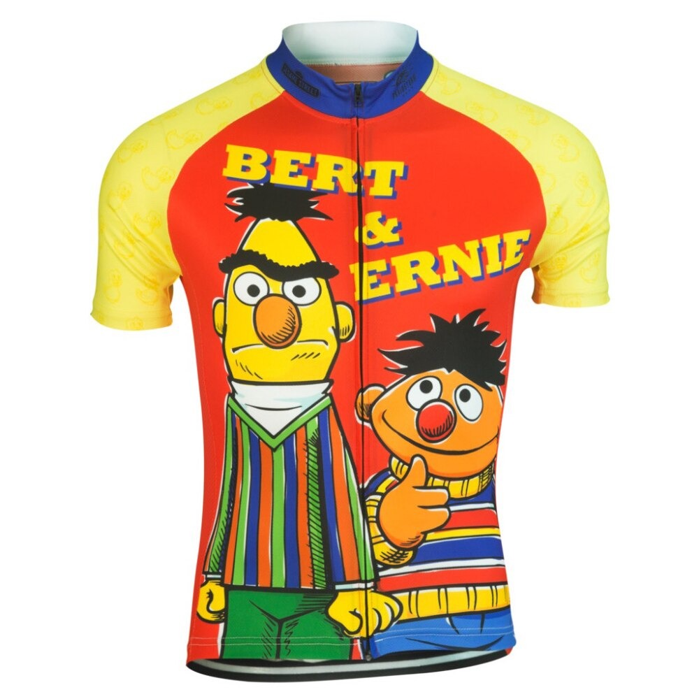 The Bert & Ernie Sesame Street Retro Cycling Jersey is crafted from lightweight polyester, featuring a bright red front with yellow sleeves adorned with cartoon images of Bert and Ernie and bold Bert & Ernie text.