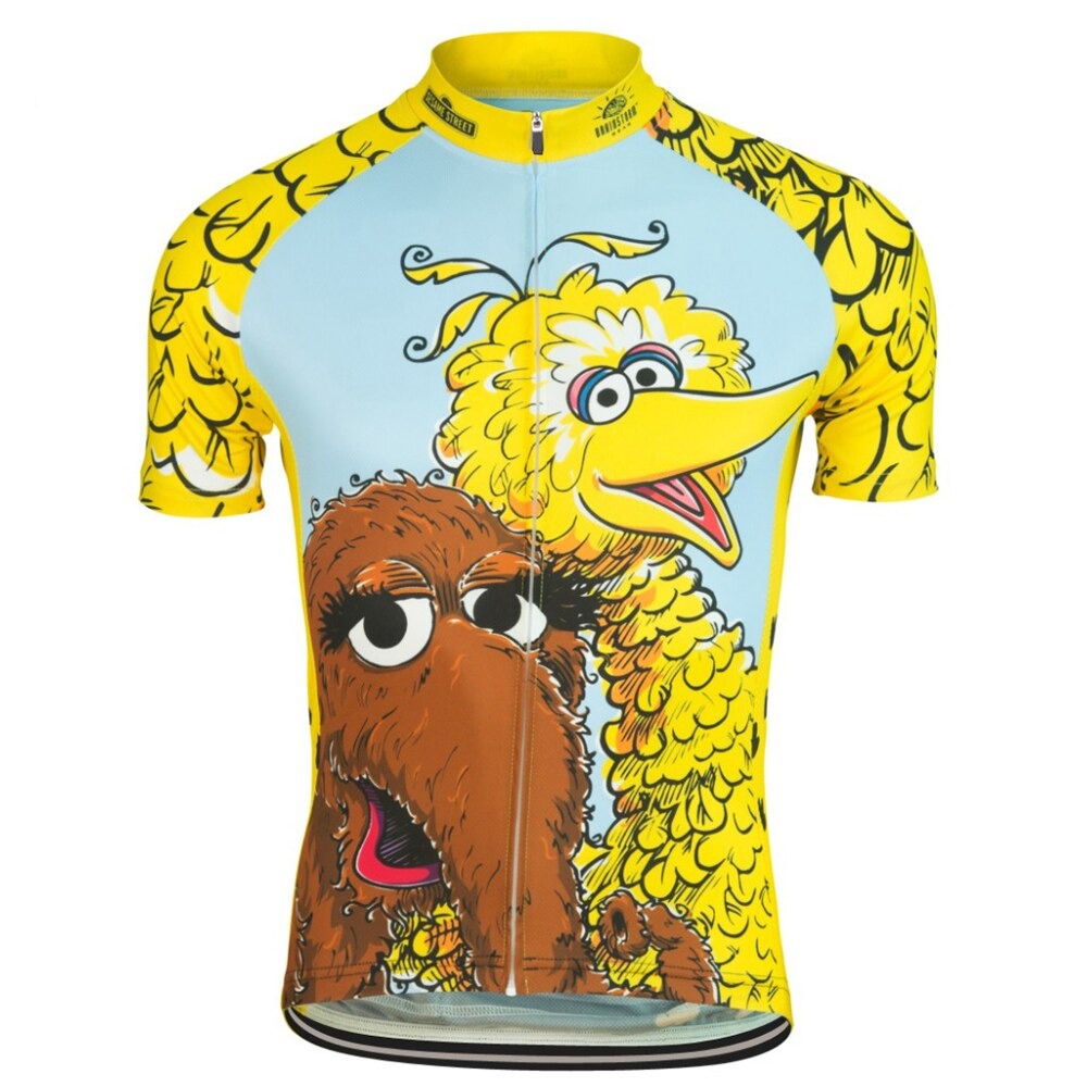 The Big Bird Sesame Street Retro Cycling Jersey features a playful design with cartoon characters, including Big Bird and a brown mammoth-like creature, on a light blue background with yellow bird feathers on the sleeves.