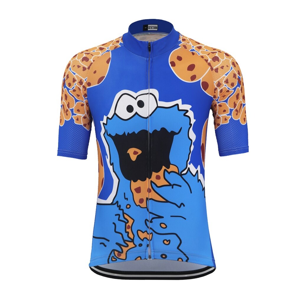 Cookie Monster Retro Cycling Jersey sports a vivid blue design featuring Cookie Monster from Sesame Street eating cookies. The shoulders are decorated with scattered cookie graphics, and it includes a practical front zipper.