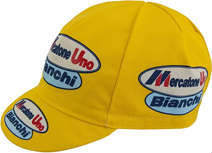 The Mercatone Uno Bianchi Retro Cycling Cap features a short peak and a yellow design, adorned with Mercatone Uno and Bianchi logos in blue and red on white ovals for classic style.
