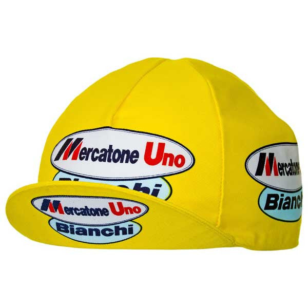The Mercatone Uno Bianchi Retro Cycling Cap features Mercatone Uno and Bianchi logos in red, black, and blue on white and light blue patches, displayed from a sleek side angle.