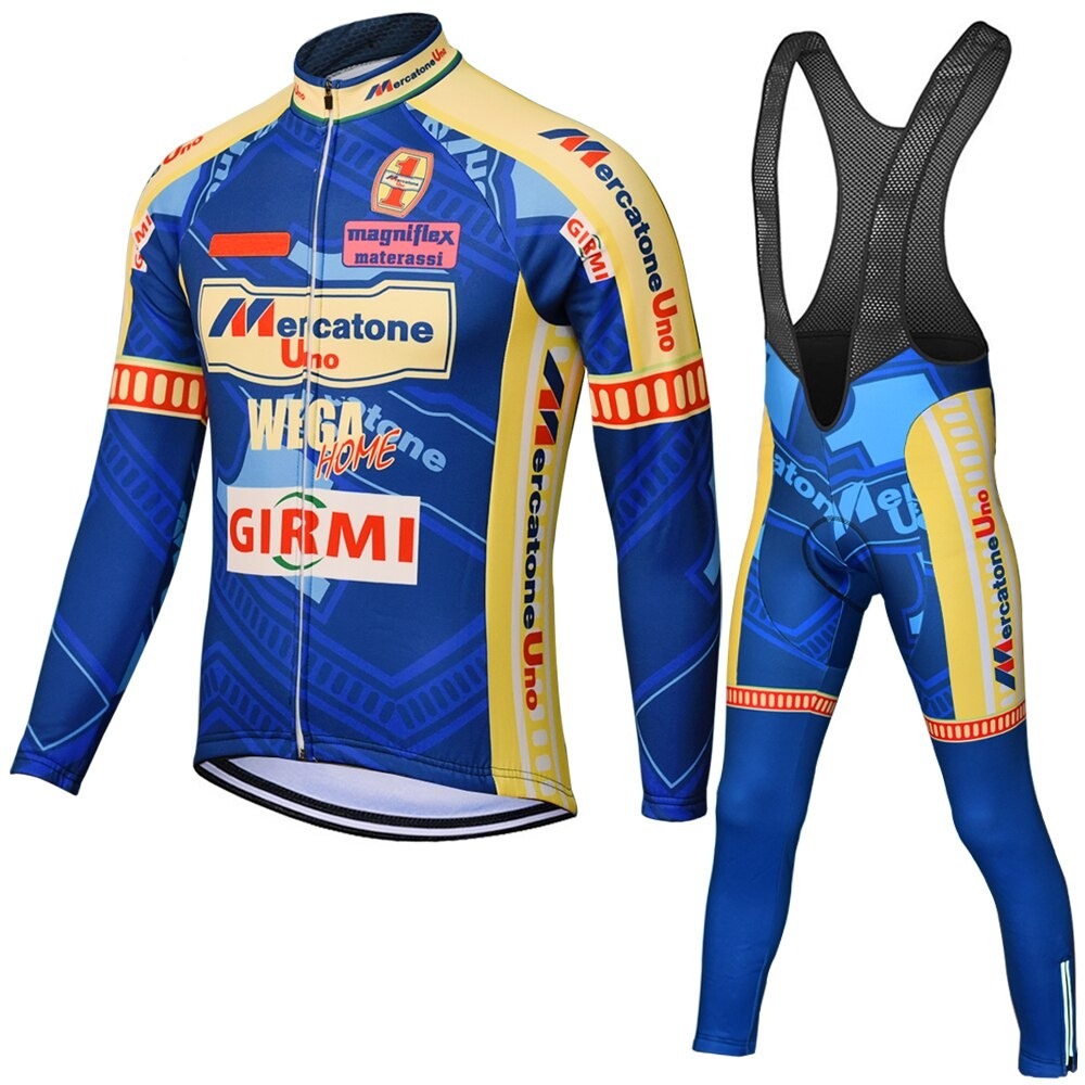 The Mercatone Uno Wega Retro Cycling Jersey Long Set features blue and yellow long-sleeved jersey and matching bib tights, with classic Mercatone Uno Wega logos, a zipper front, and mesh back.