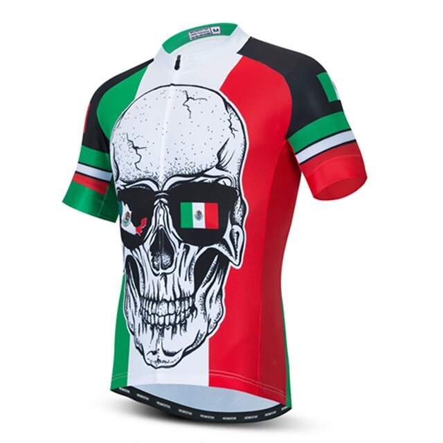 Experience the Mexico Skull Cycling Jersey, crafted from lightweight polyester. Featuring a large skull with sunglasses and Mexican flag colors, it boasts bold sleeves with green, white, and red stripes for a vibrant look.