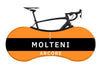 The Molteni Arcore Bike Sock, featuring a retro orange and black design with MOLTENI ARCORE, covers a sleek black road bike peeking from behind.