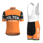 The Molteni Arcore Retro Cycling Jersey Set features an orange jersey and bib shorts with MOLTENI in black and white. The jersey has short sleeves, a front zipper, and iconic ARCORE text. The bibs showcase an orange-black design reminiscent of Eddy Merckxs era, ideal for retro enthusiasts.