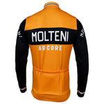 The Molteni Arcore Retro Cycling Jersey, available with a fleece option, is an orange and black jersey featuring MOLTENI in white above ARCORE, reminiscent of Eddy Merckxs glory days, with long black sleeves adorned with subtle white text completing the classic design.
