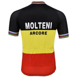 The Molteni Arcore Retro Cycling Jersey features black shoulders, a yellow midsection with MOLTENI ARCORE, and a vibrant red lower part. Multicolored stripes adorn the collar and sleeve ends, echoing the iconic jerseys synonymous with Eddy Merckx.