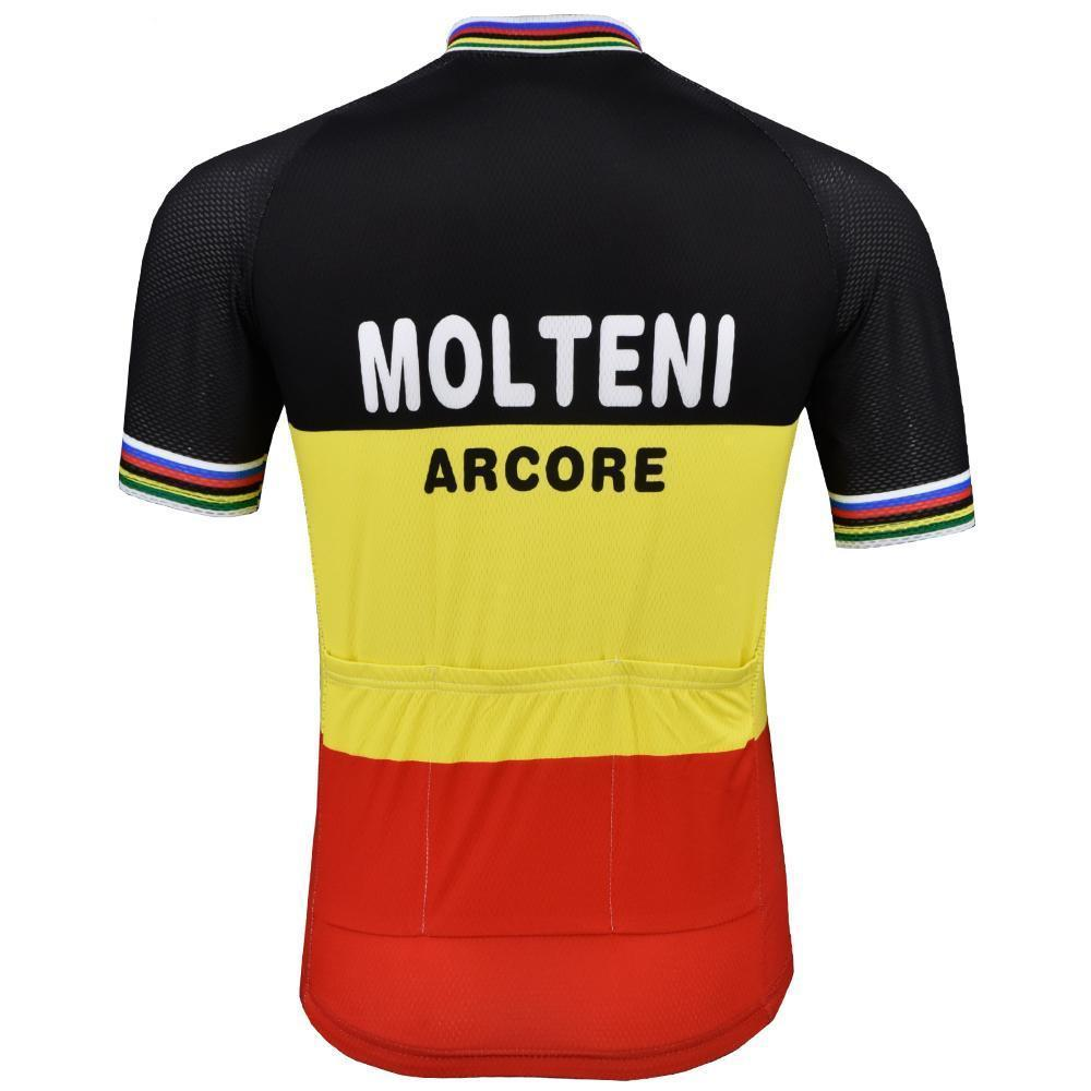 The Molteni Arcore Retro Cycling Jersey features black shoulders, a yellow midsection with MOLTENI ARCORE, and a vibrant red lower part. Multicolored stripes adorn the collar and sleeve ends, echoing the iconic jerseys synonymous with Eddy Merckx.
