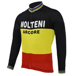 The Molteni Arcore Retro Cycling Jersey features black, yellow, and red stripes. MOLTENI is prominently displayed on the chest with ARCORE below. Rainbow stripes adorn the collar and cuffs, reminiscent of Eddy Merckxs golden era.