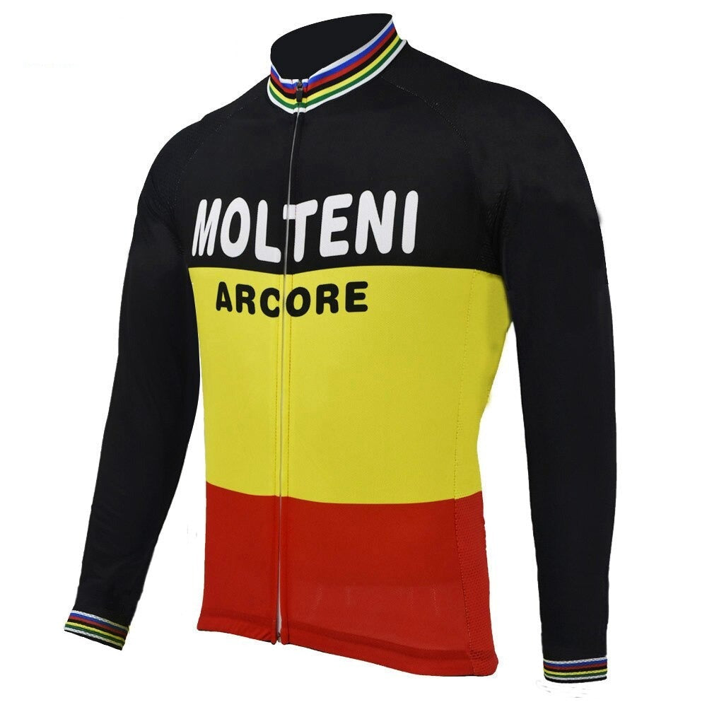 The Molteni Arcore Retro Cycling Jersey features black, yellow, and red stripes. MOLTENI is prominently displayed on the chest with ARCORE below. Rainbow stripes adorn the collar and cuffs, reminiscent of Eddy Merckxs golden era.