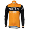 The Molteni Arcore Retro Cycling Jersey features long sleeves, an orange design with black accents on the center and sleeves, MOLTENI in white across the chest and sleeves, ARCORE beneath it, a central zipper for ease, and pays homage to Eddy Merckxs era. Fleece option available.