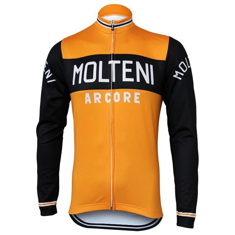 The Molteni Arcore Retro Cycling Jersey features long sleeves, an orange design with black accents on the center and sleeves, MOLTENI in white across the chest and sleeves, ARCORE beneath it, a central zipper for ease, and pays homage to Eddy Merckxs era. Fleece option available.
