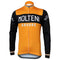 The Molteni Arcore Retro Cycling Jersey features long sleeves, an orange design with black accents on the center and sleeves, MOLTENI in white across the chest and sleeves, ARCORE beneath it, a central zipper for ease, and pays homage to Eddy Merckxs era. Fleece option available.