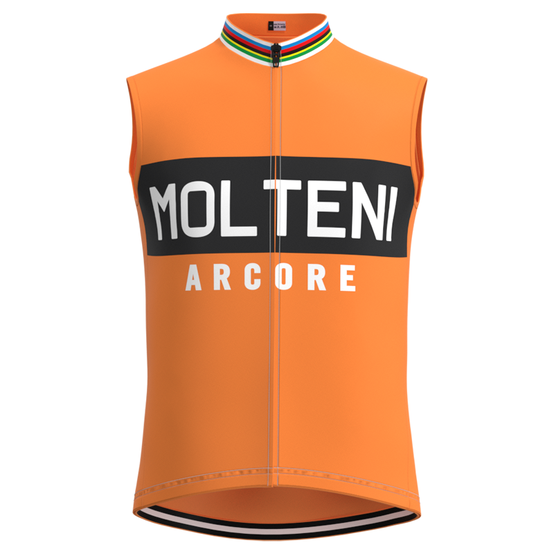 The Molteni Arcore Retro Cycling Vest is an orange sleeveless jersey with Molteni Arcore boldly printed in black and white on the front. The collar features stripes of green, white, red, black, blue, and yellow, paying tribute to cycling legend Eddy Merckx.