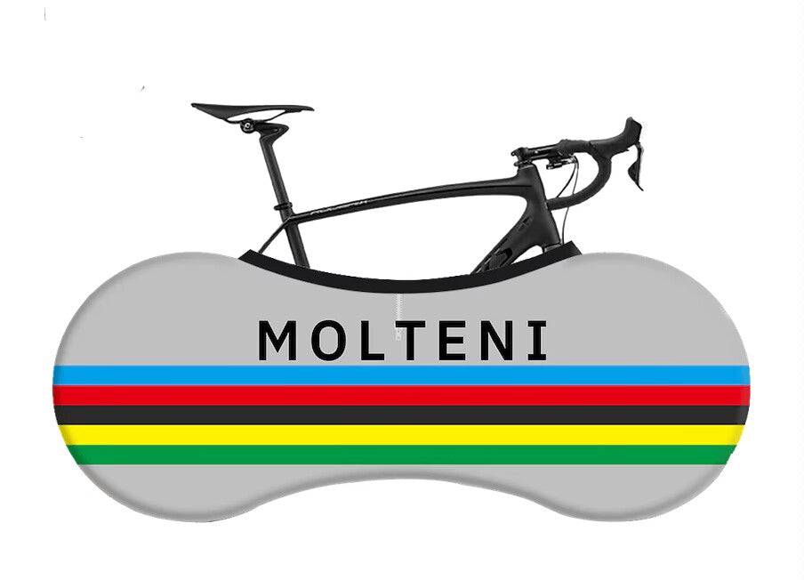 A minimalist graphic features MOLTENI in black on a gray oval, with vibrant black, red, yellow, green, and blue stripes below. A black road bike silhouette is framed by the oval, mirroring the cycling style allure of Molteni Bike Sock.