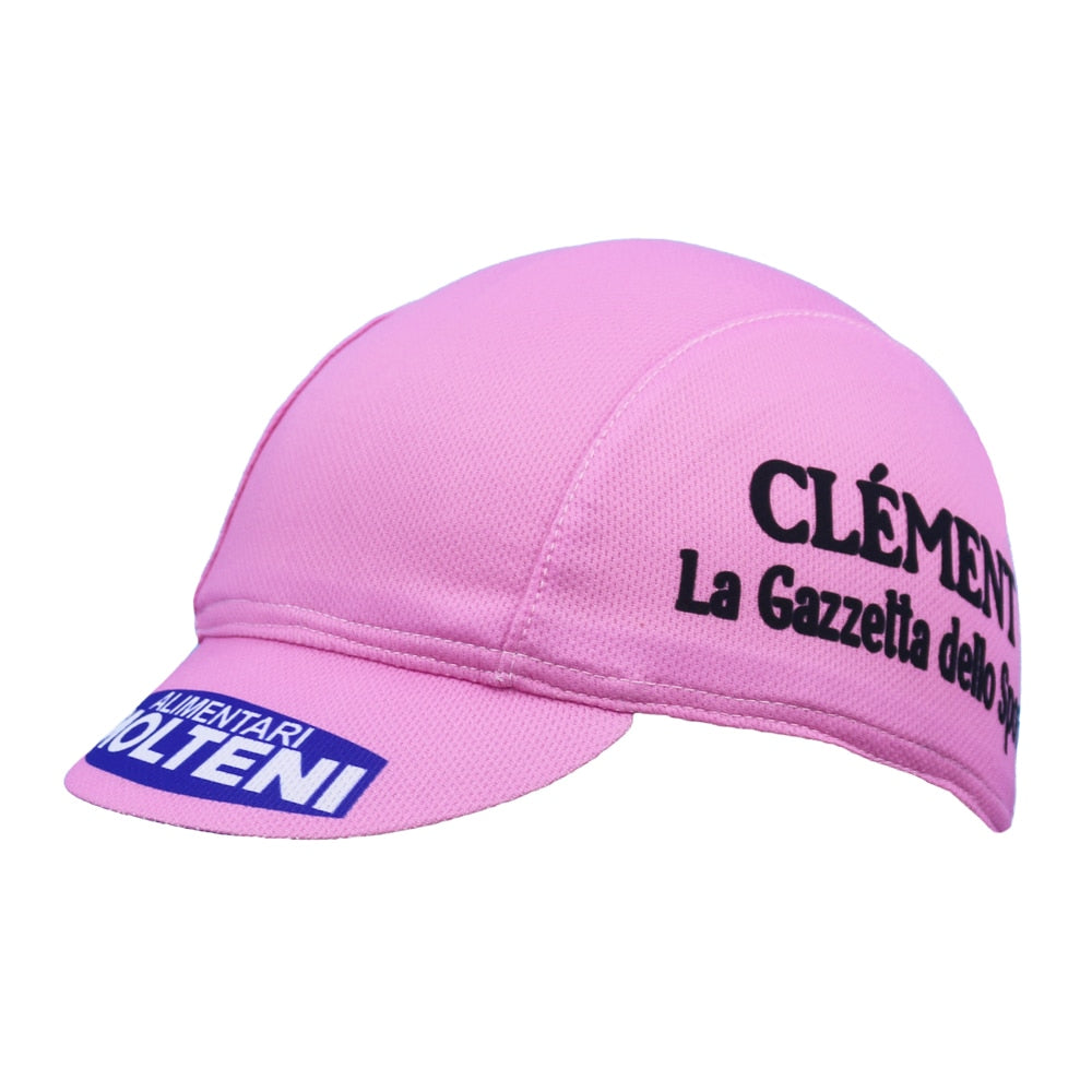 The Molteni Clement La Gazzella Cycling Cap features a sporty design with Clément and La Gazzetta dello Sport on the sides. Made from breathable, moisture-absorbing mesh fabric, it reveals Molteni in white on the purple underside of the brim.
