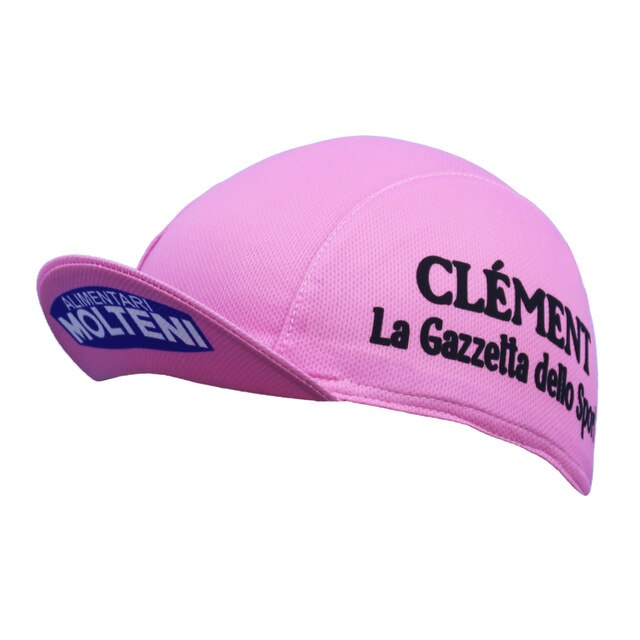 The Molteni Clement La Gazzella Cycling Cap is a pink, breathable mesh cap featuring Clément and La Gazzetta dello Sport printed on the side. Its short brim showcases Alimentari Molteni in blue and white, offering style and moisture absorption for avid cyclists.