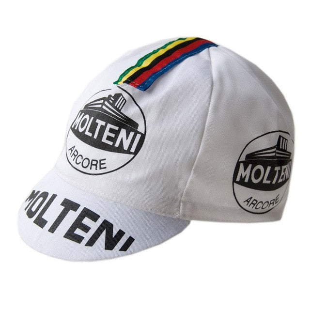 The Molteni Retro Cycling Cap features a white design with black Molteni Arcore logos and rainbow stripes, complemented by MOLTENI text on the bill, ideal for retro cycling cap enthusiasts.