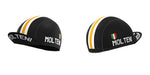 Two Molteni Retro Cycling Caps feature a black base with white and orange stripes, crafted from breathable mesh for moisture absorbency. Molteni is displayed on the side, and one cap also includes an Italian flag emblem.