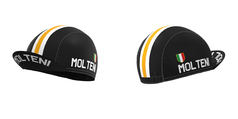 Two Molteni Retro Cycling Caps feature a black base with white and orange stripes, crafted from breathable mesh for moisture absorbency. Molteni is displayed on the side, and one cap also includes an Italian flag emblem.