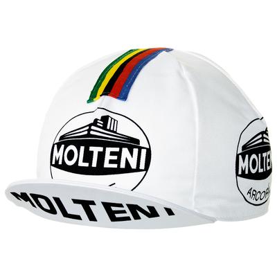 The Molteni Retro Cycling Cap features a classic retro design with Molteni in bold black on the front and sides, accented by a vibrant rainbow stripe for world champion colors across the top.