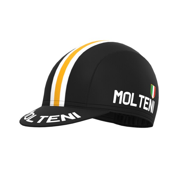 The Molteni Retro Cycling Cap features a black design with central white and yellow stripes, MOLTENI in white on the side and brim, and an Italian flag badge. Its crafted from breathable mesh fabric for moisture absorbency and comfort.