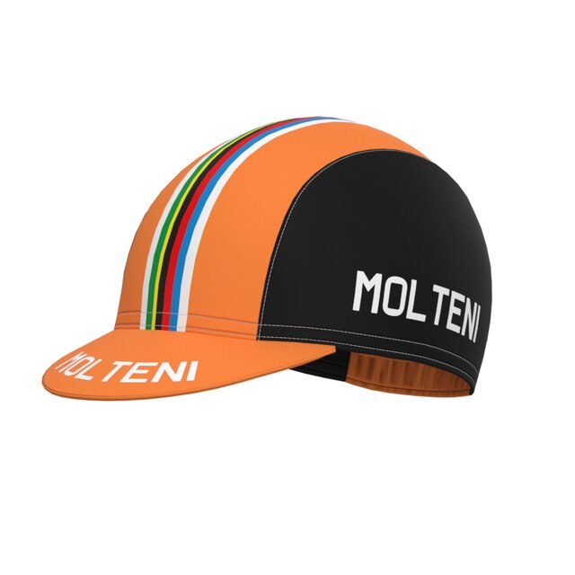The Molteni Retro Cycling Cap, in vibrant orange and black, features Molteni on the front and side. Its multicolored stripes run from top to back for added flair. Crafted with breathable mesh fabric, it includes a short brim for both style and practicality.