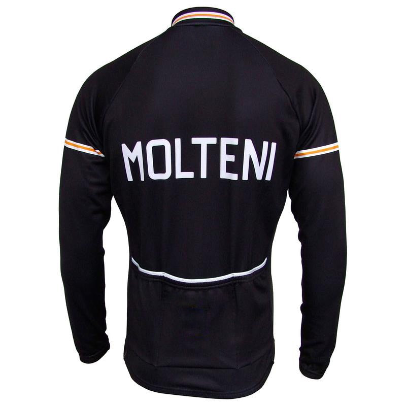Close-up of the rear of a black Molteni Retro Cycling Jersey with MOLTENI in bold white letters. Evoking the Eddy Merckx era, it features long sleeves and vibrant orange and white striped cuffs and collar.