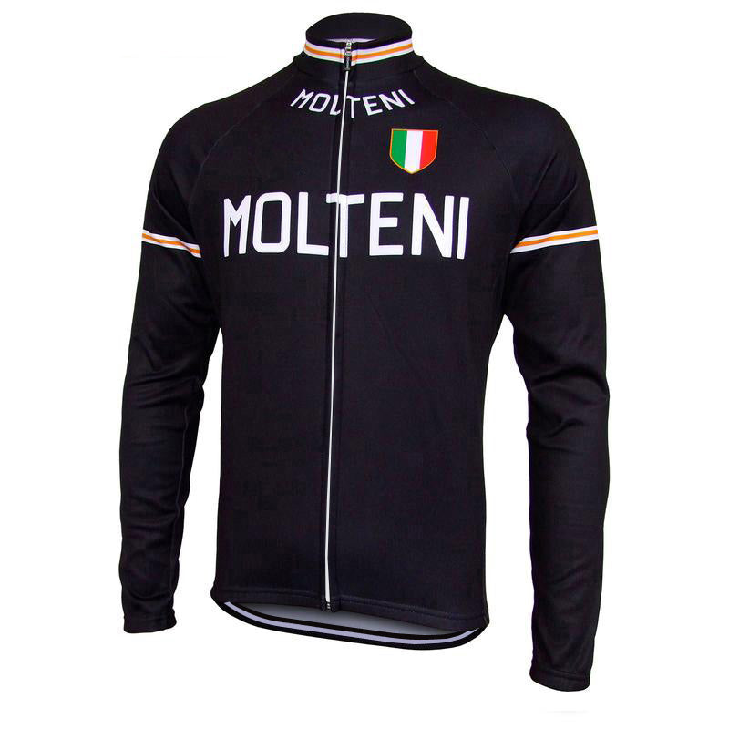 The Molteni Retro Cycling Jersey with Fleece Option evokes the classic Eddy Merckx era, featuring MOLTENI on the chest, a zipped front, an Italian flag badge on the side, and striped cuffs and collar—ideal for fans of vintage long sleeve jerseys.