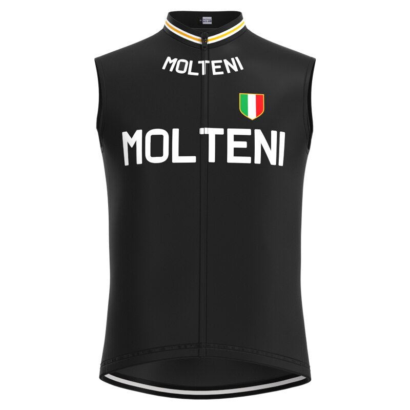 The Molteni Retro Cycling Vest is a lightweight, sleeveless black jersey made of polyester. It has a front zipper and features MOLTENI in white. An Italian flag shield on the upper right pays homage to its heritage, with a yellow, white, and black stripe accenting the collar.