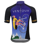 Mont Ventoux Retro Cycling Jersey: A vibrant design with a cyclist graphic against a blue mountain backdrop, showcasing Ventoux and Summit 1912 meters at the top. Features short sleeves with black and yellow accents, capturing the essence of French mountain road cycling.