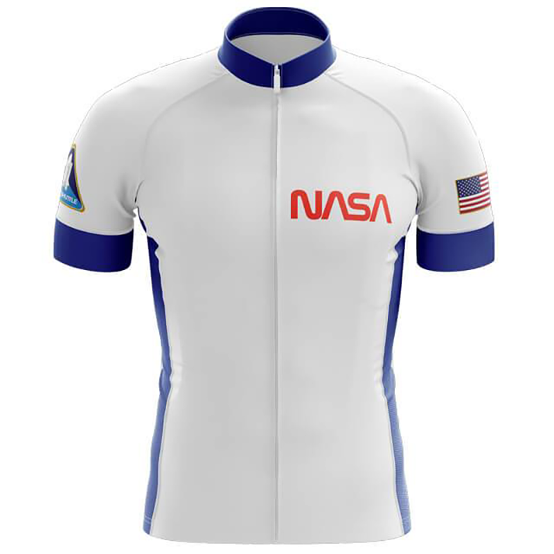 The NASA White Cycling Jersey is made from breathable polyester, featuring NASA in red on the chest. The right sleeve sports the American flag, while a space-themed triangular patch decorates the left. Blue accents enhance the sides and collar of this lightweight design.