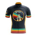 The Nasa Cycling Jersey is a breathable, lightweight polyester cycling essential featuring short sleeves and vivid designs of a space shuttle and stars. Its black base is highlighted with red, teal, and yellow stripes on the sleeves and lower half for added flair.