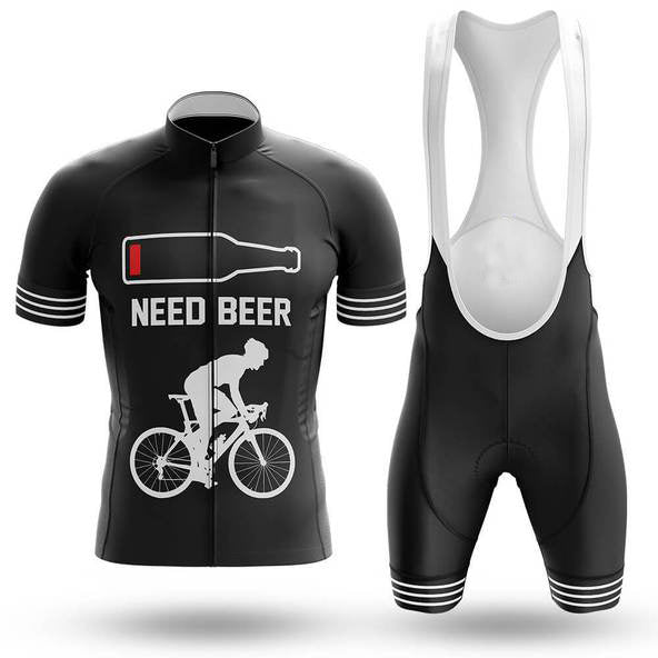 The Need Beer Cycling Jersey Set features a black jersey and bib shorts made from lightweight polyester, adorned with a cyclist graphic and an empty beer bottle design. The jersey humorously displays the NEED BEER text, with striped sleeve and leg accents for added flair.