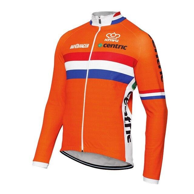 The Netherlands Cycling Team Long Set (with Fleece Option) is an orange cycling jersey with fleece lining, long sleeves, blue and white stripes, logos of KNWU, Centric, and Babboe Racer, representing the national team. It includes a stylish white zipper and collar.