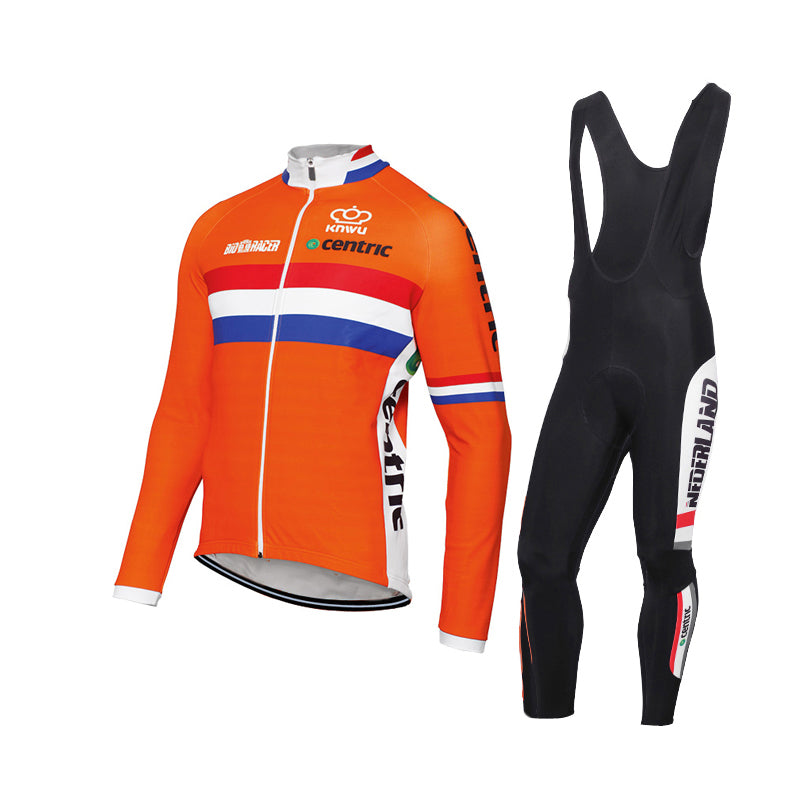 The Netherlands Cycling Team Long Set includes an orange jacket with blue and white chest stripes, black bib tights with red and white accents, all lined with cozy fleece for warmth.