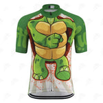 The Ninja Turtle Cycling Jersey is green and white, made of high-performance polyester, and features a cartoon turtle design on the front with abstract patterns and orange splashes.